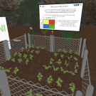 Cartoonish image of plants sprouting in a raised bed, with signs with the words "Plant Simulation Lab" on one side.
