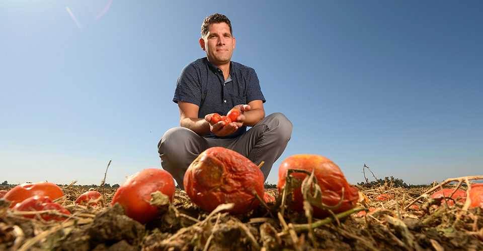 Assistant Professor Ned Spang in a field after harvest at Russell Ranch near Davis, California. He researches food waste across the supply chain. (Greg Urquiaga/UC Davis)