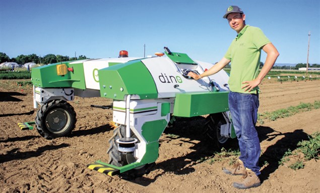 Simon Belin, U.S. technical vegetable expert for the French company Naio Technologies, displays an automated vegetable weeder called Dino. (photo Bob Johnson)
