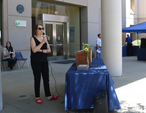 Professor and Plant Sciences Department Chair Gail Taylor welcomes new graduates to a plant sciences luncheon. (photo Ann Filmer/UC Davis)