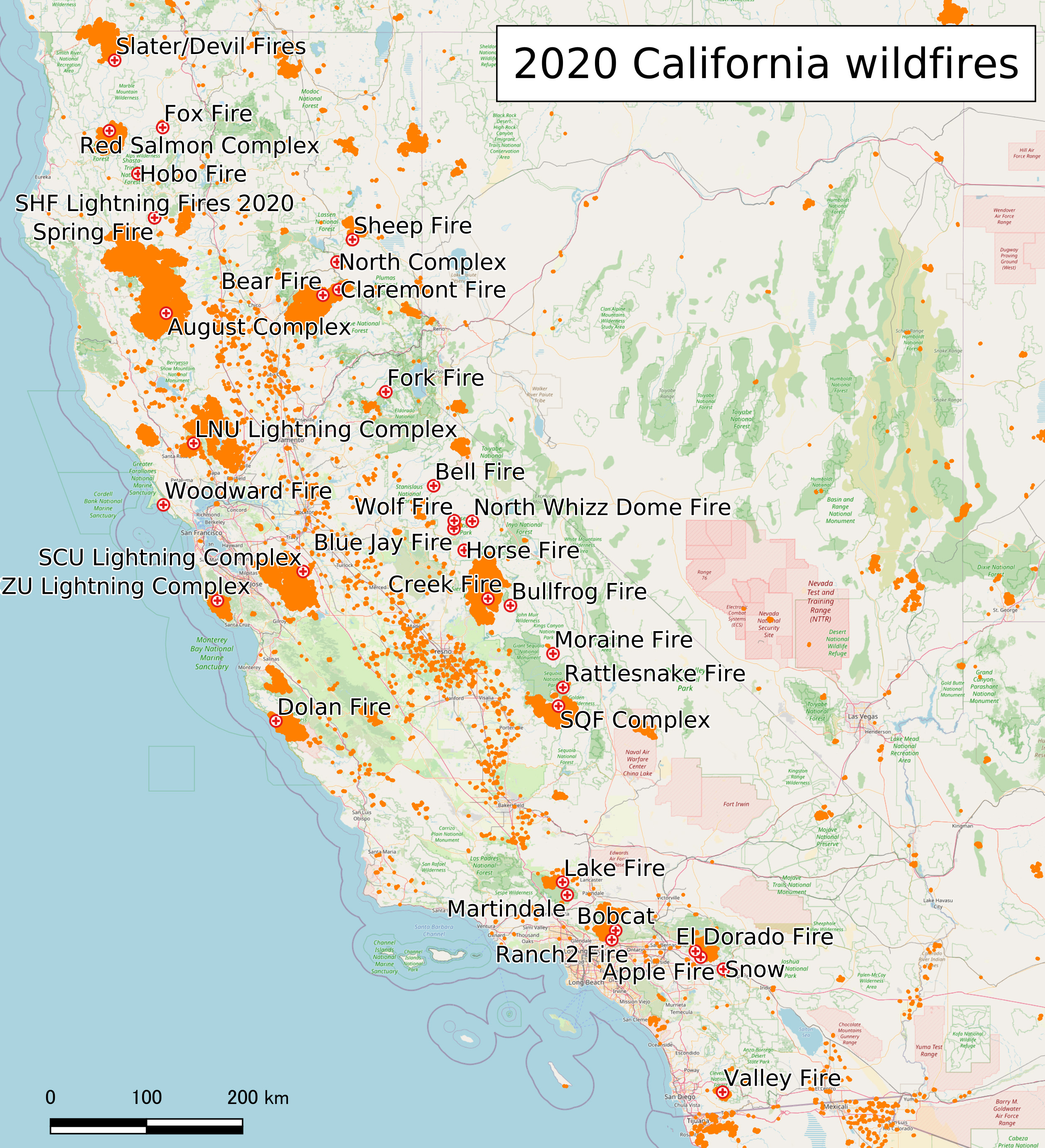 A map of California with red spots showing wildfire locations