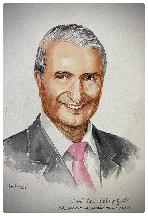 Watercolor painting of an older man, smiling