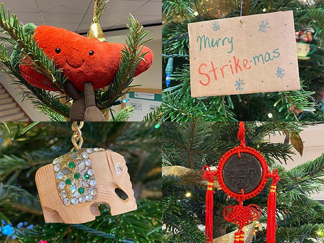 A composite photo showing a red chile pepper, an elephant, a Chinese motif, and a hand-written sign saying "Merry Strike-mas"