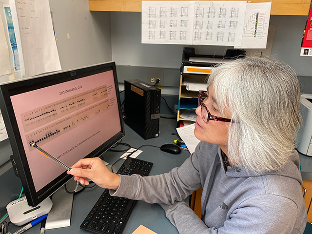 Woman at computer, pointing to small dark bars on the screen