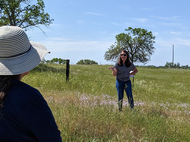 A woman in a pasture, speaking. An observer is to one side, back facing us.