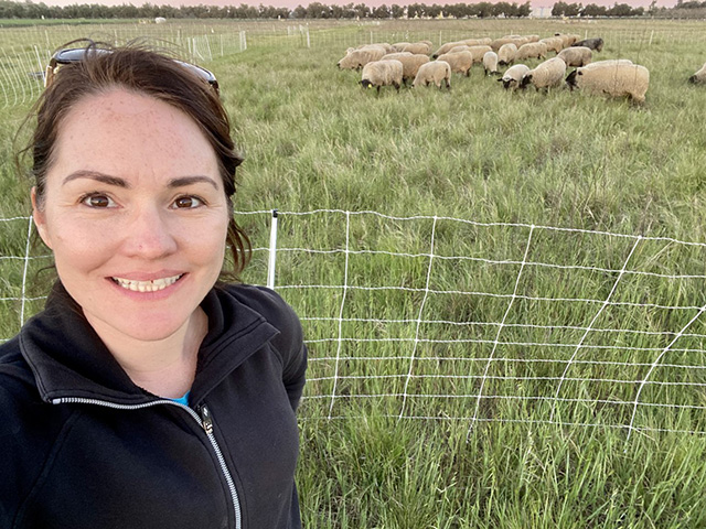 Women in foreground, sheep in background in pasture