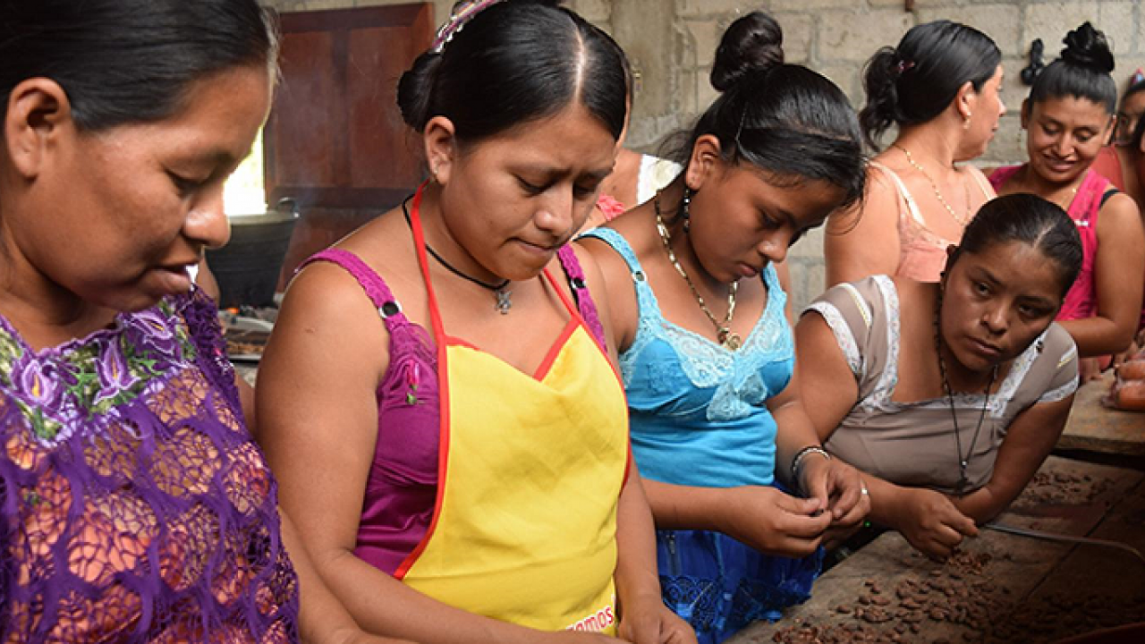 Chocolate making is a social activity for members of the Red de Mujeres who husk roasted cacao beans together.