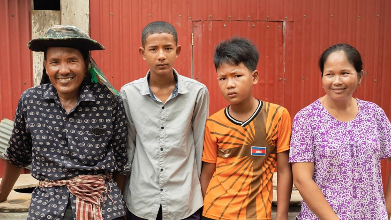 Cheang Sophat, left, and wife Hem Champa, far right, were able to send their second child to college after earning more money from vegetables grown in a nethouse. The couple is confident they will be able to send their third child, 14-year-old Phat Daroth, second from right, to college as well. (Max Fannin for UC Davis)