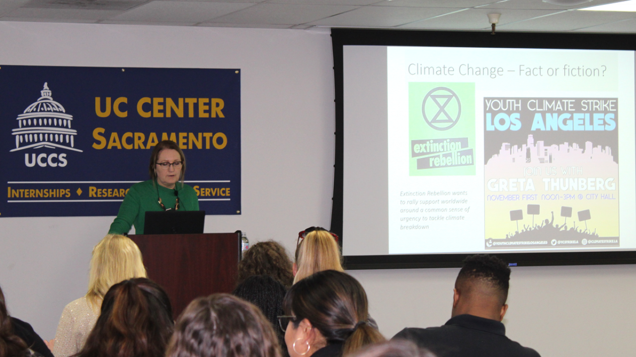 Professor Gail Taylor, Plant Sciences, UC Davis, speaks to policy-makers and others at UC Center Sacramento about climate change impacts on agriculture. (photo UC Center Sacramento)