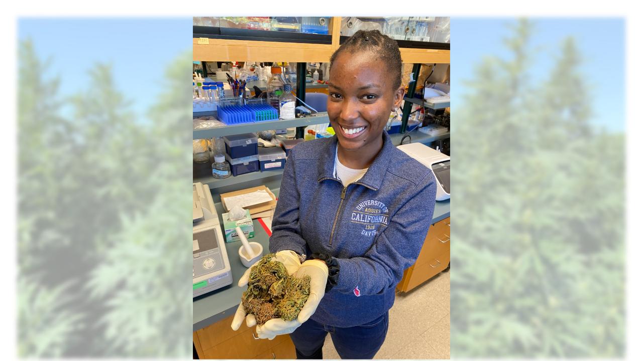 Woman in a lab holding dried leaves in her hand