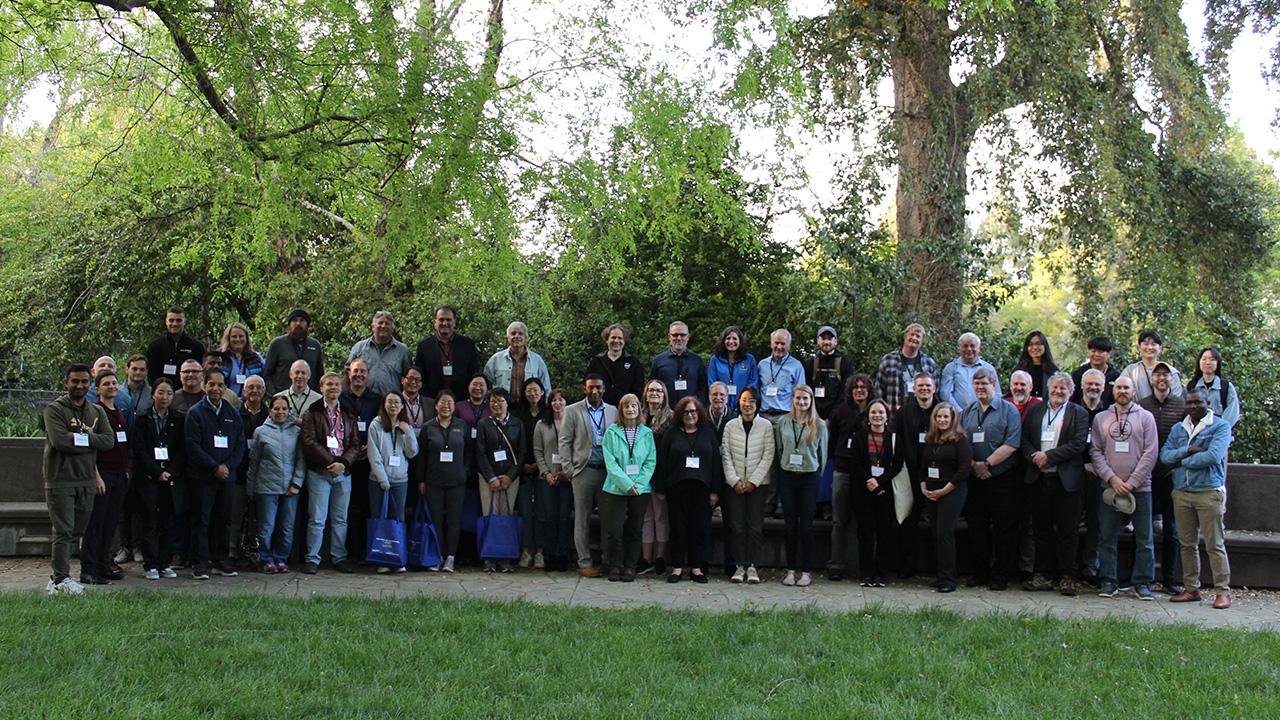 A large group of people standing in 3 rows outside under large trees