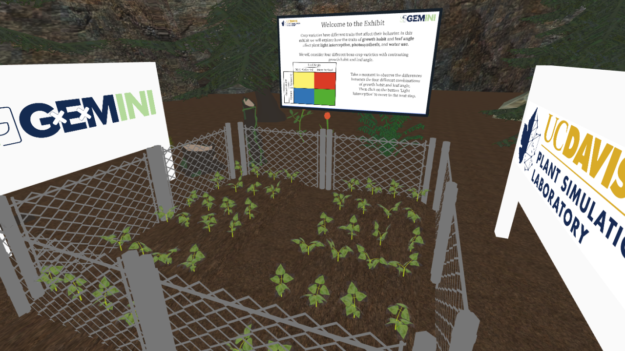 Cartoonish image of plants sprouting in a raised bed, with signs with the words "Plant Simulation Lab" on one side.