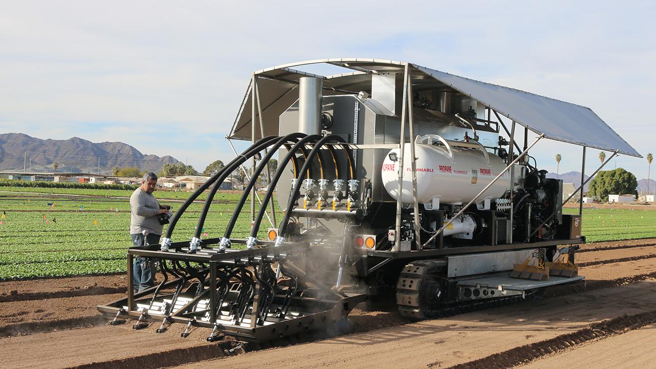A large machine in a field. Behind the machine are rows of small, green plants. The rows the machine is on are bare dirt in wide flat mounds. Hills in the distance, hazy sky above. A man stands next to the machine.