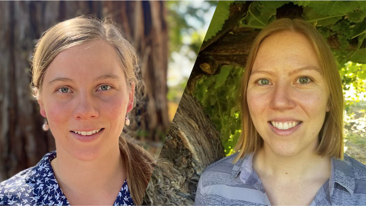 A digital collage of two images of young women facing the viewer alone, smiling