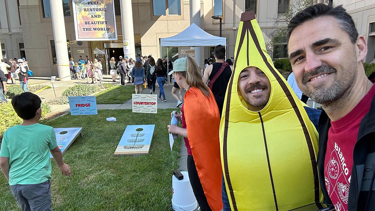 A man dressed like a giant yellow banana