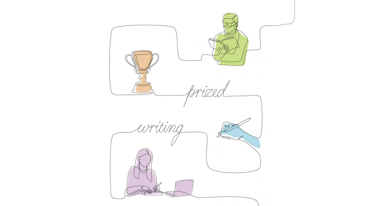 An illustration made with a fine-tip pen. In descending order from top right: A masked student with glasses reads a book; a trophy with handles; a hand grasping a pen. The words "Prized Writing" are visible and written in cursive.