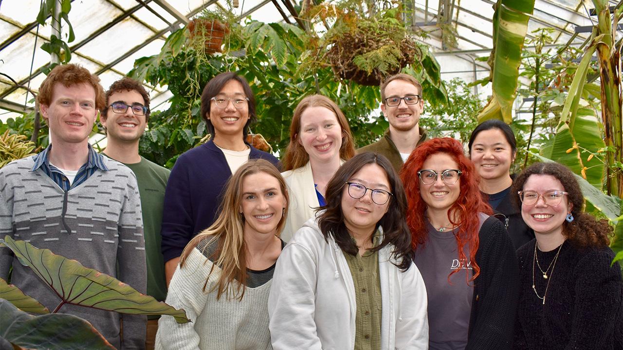A group of young people in a greenhouse with tall leafy plants.