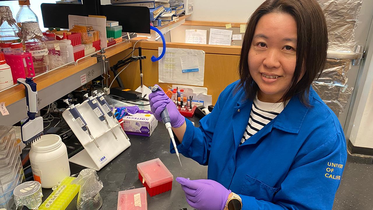 Woman wearing a blue lab coat sits by a counter in a scientific lab. She is holding a syringe and test tube in her hands.