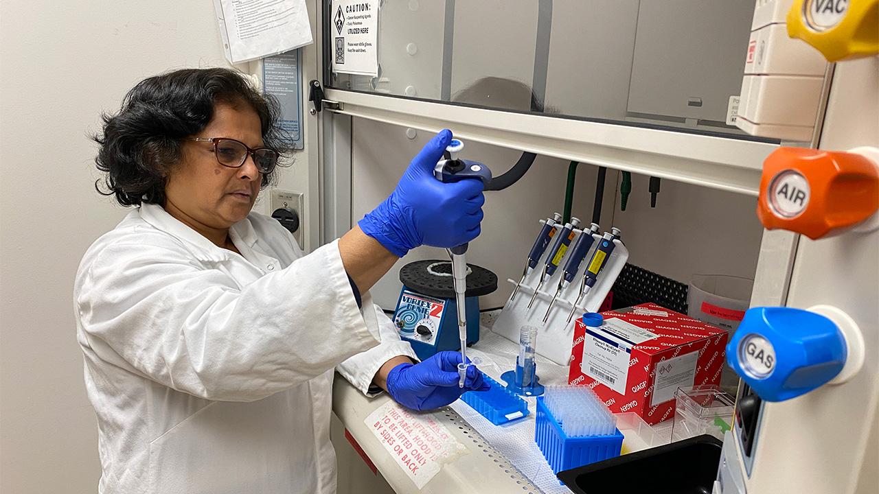 Woman wearing blue gloves and a white lab coat, holding a large syringe that she's using to fill a little plastic cup.