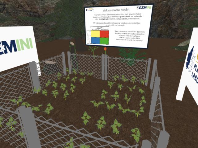 Cartoonish image of plants sprouting in a raised bed, with signs with the words "Plant Simulation Lab" on one side.