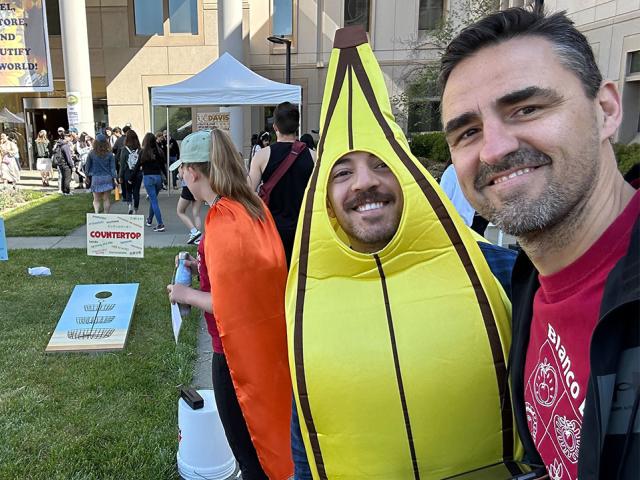 A man dressed like a giant yellow banana