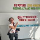 Amanda Crump at UN pointing at Gender Equity Sustainable Development Goal