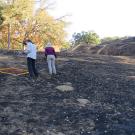 Two people walking, heads down, on a charred hillside