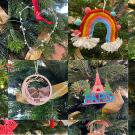 A masiac photo of different images, including a globe showing Africa, a heart, a rainbow, the Jesus statue from Sao Paolo, a bird house, a Santa figure and a globe showing the western hemisphere.
