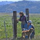 A woman and a man, with a dog. They are on a broad, open pasture, surrounded by mountains