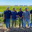 Six men standing in front of a broad field of tall green grassy plants. Blue sky above