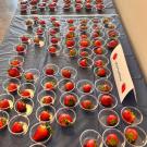 A table with small cups, each with a strawberry in it