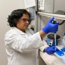 Woman wearing blue gloves and a white lab coat, holding a large syringe that she's using to fill a little plastic cup.